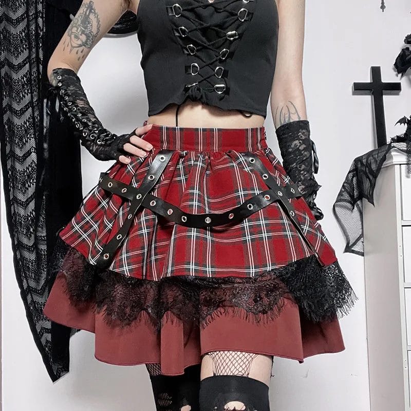 Gothic Harajuku Girls Plaid Pleated Skirt Y2k Lolita Cake Mini Skirts Punk Sweet Lace Kawaii Clothing Cosplay Costume 1