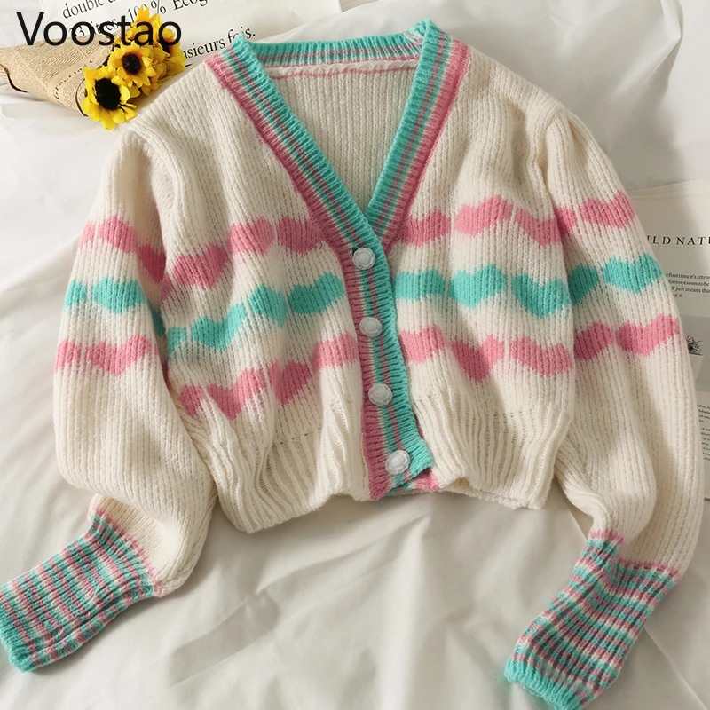Spring Autumn Cute Love Hearts Knitted Cardigan Korean Women Harajuku Sweet Sweater Coats Female Chic V-Neck Short Cropped Tops 1