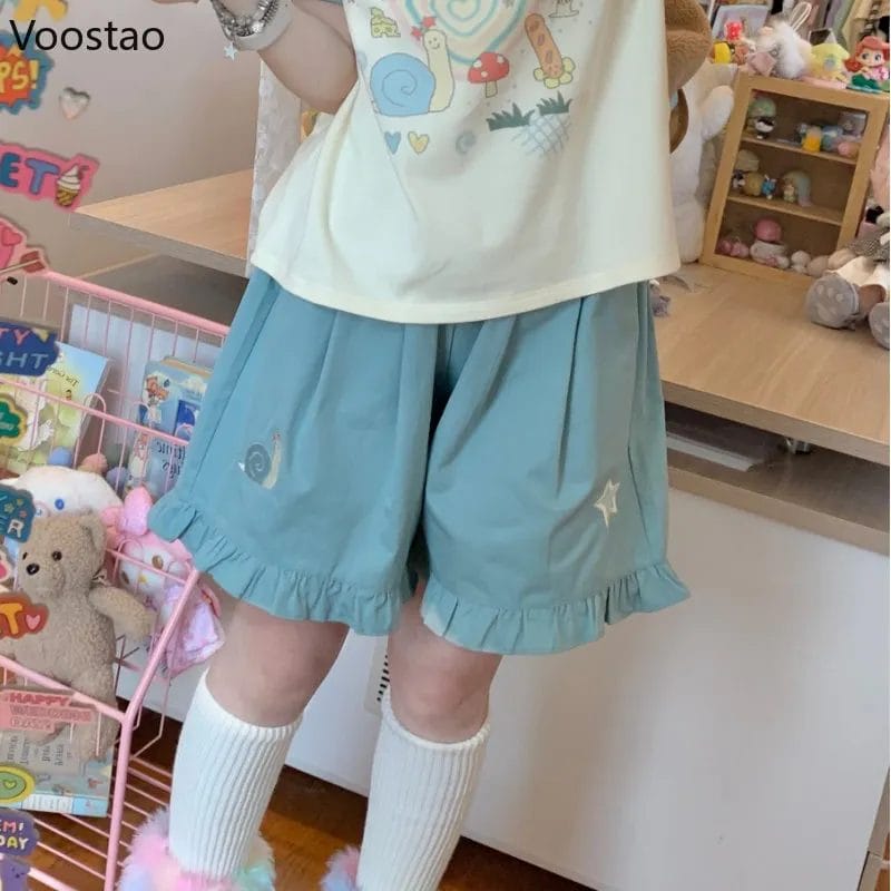 Summer Lolita Sports Shorts Cute Girl Chic Snail Dog Embroidery Ruffles Short Pants Women Harajuku Kawaii Loose Wide Leg Pants 1