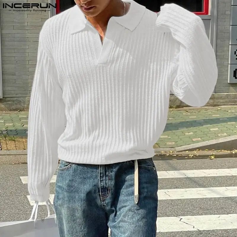 2023 Men Shirt Solid Lapel Long Sleeve Knitted Casual Men Clothing Korean Streetwear Autumn Fashion Leisure Shirts S-5XL INCERUN 1