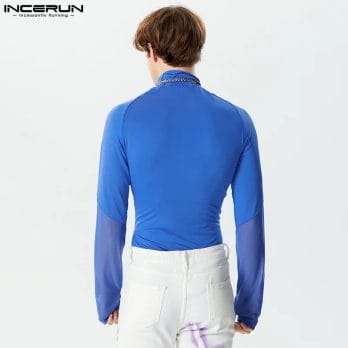 2024 Men Bodysuits Mesh Patchwork Shiny Turtleneck Long Sleeve Male Rompers Transparent Skinny Streetwear Bodysuit S-3XL INCERUN 3