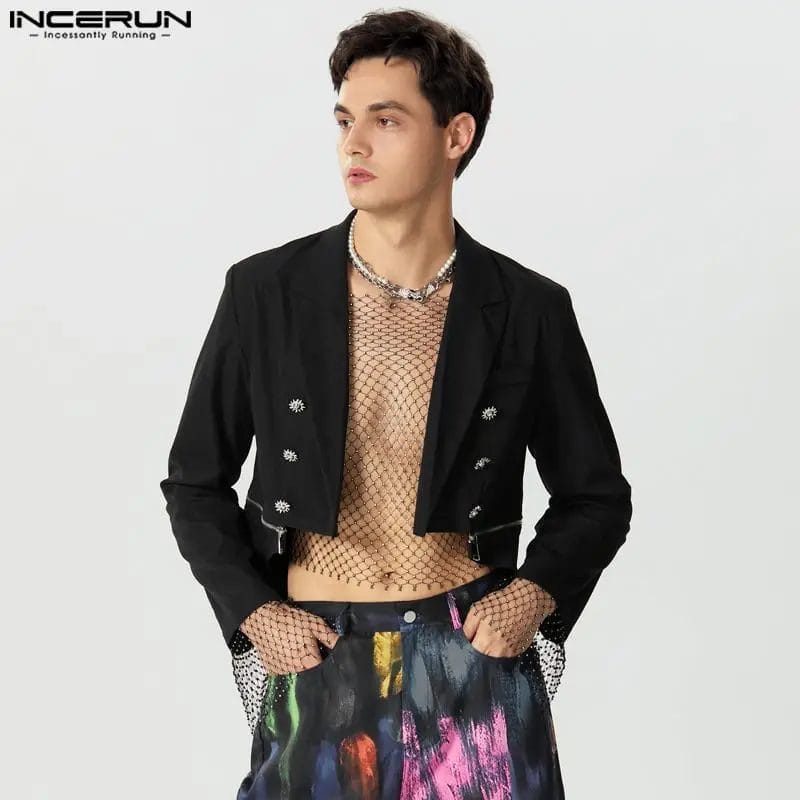 INCERUN 2023 Fashion Men Irregular Blazer Zipper Solid Lapel Long Sleeve Double Breasted Suits Men Streetwear Casual Thin Coats 1