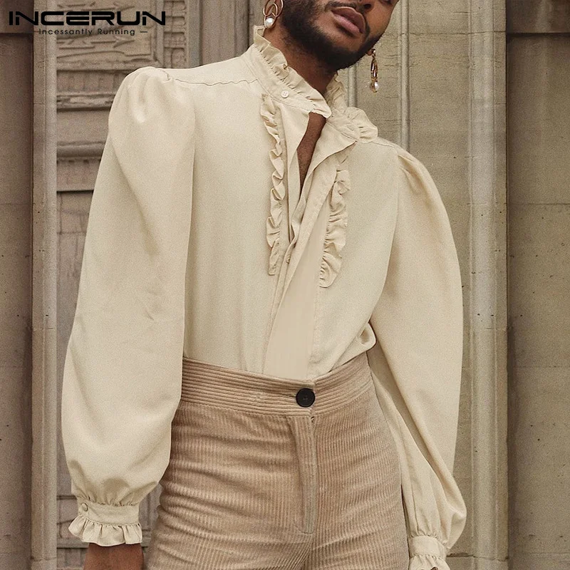 INCERUN 2023 Fashion Men Shirt Stand Collar Solid Color Ruffle Long Sleeve Casual Men Clothing Streetwear Elegant Camisas S-5XL 1