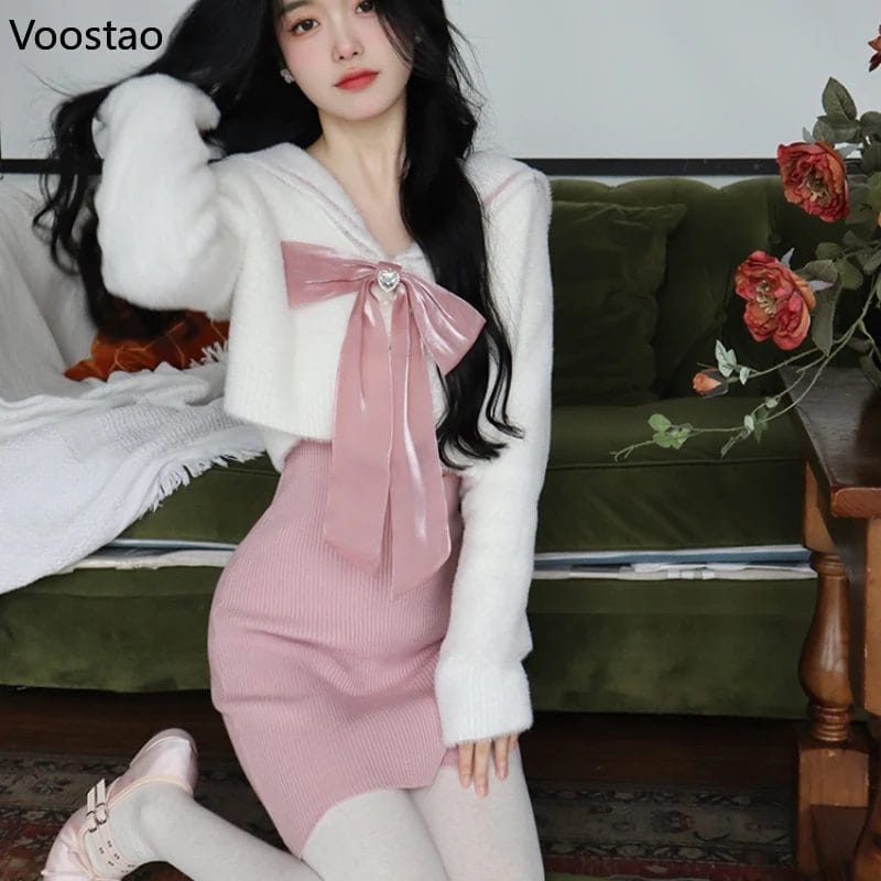 Autumn Winter Pink Kawaii Knitted Dress Set Women Korean Sweet Short Cardigan Party Mini Dress Suit Casual Fashion 2 Piece Sets 1