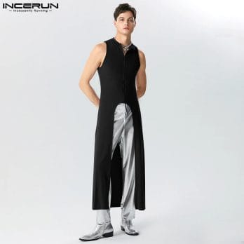 2023 Men Irregular Tank Tops V Neck Sleeveless Zipper Streetwear Stylish Male Vests Solid Color Long Style Tops S-5XL INCERUN 7 3