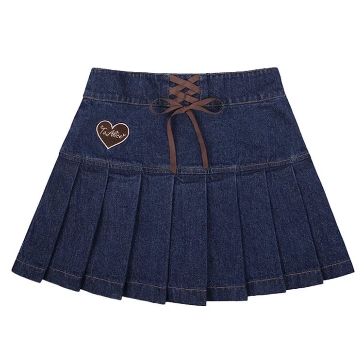Cute Lolita High Waist Denim Skirt Korean Women Sweet Bow Lace-Up Heart Y2k Mini Pleated Skirts Girly Harajuku Gothic JK Skirts 1