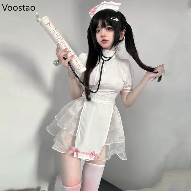 Kawaii Lolita Women Halloween Dresses Nurse Maid Cosplay Costumes Sexy Lingerie Mesh Mini Dress Role Play Backless Uniform Set 1