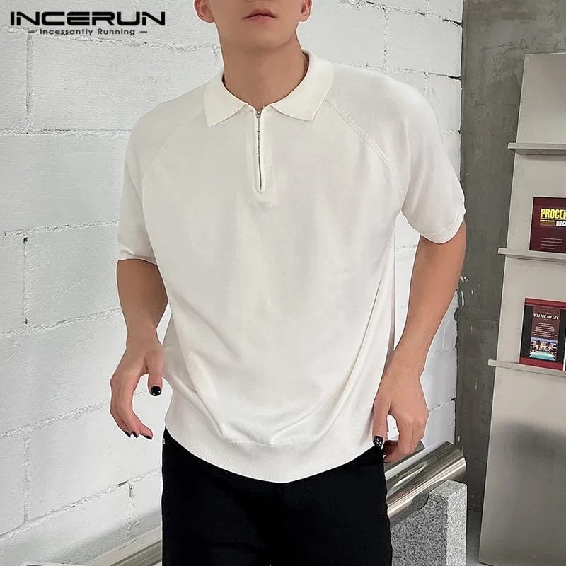 INCERUN Men Shirt Solid Color Loose Summer Korean Lapel Zipper Short Sleeve Men Clothing Streetwear 2024 Casual Shirts S-5XL 1