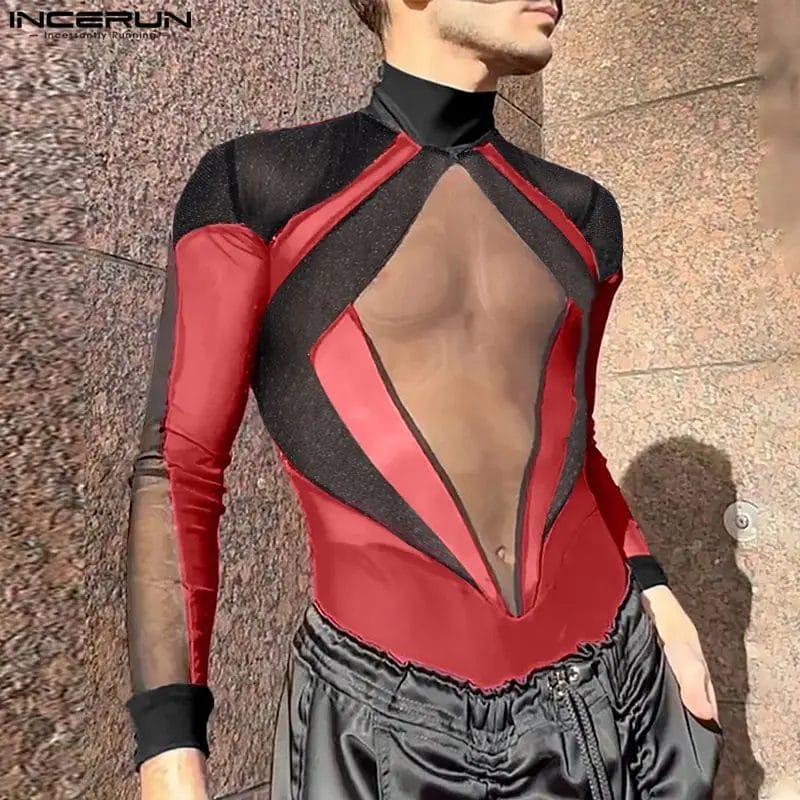 2024 Men Bodysuit Mesh Patchwork Turtleneck Long Sleeve Streetwear Male Rompers Shiny Sexy Transparent Fashion Bodysuits INCERUN 1