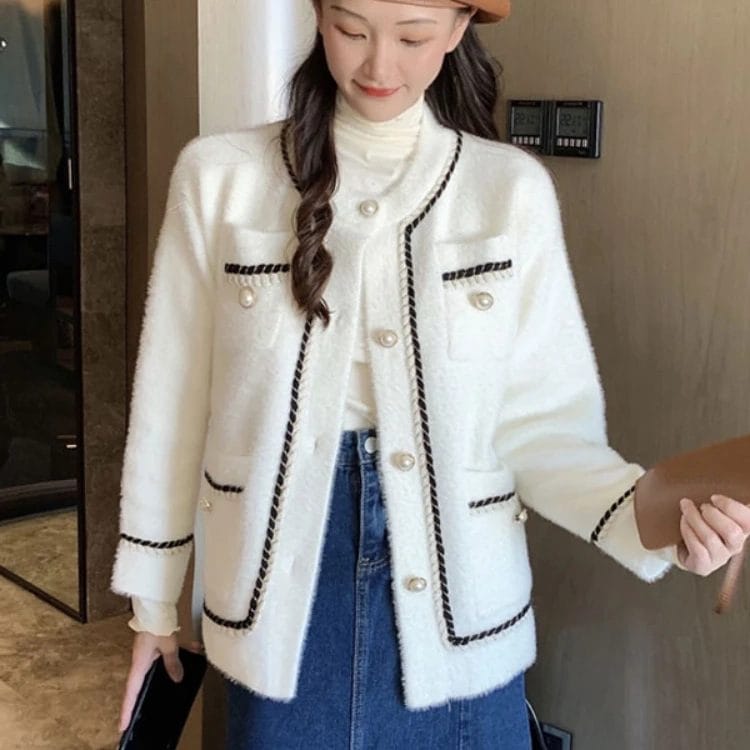 Autumn Elegant O-Neck Cardigan Sweater Women Korean Single Breasted Knitted Imitation Mink Coat Spring Female Loose Jacket Tops 1