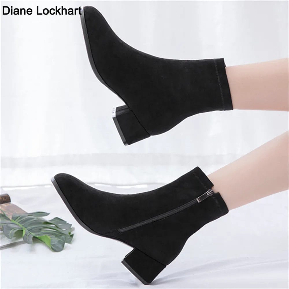 Woman Ankle Boots 2022 Autumn Winter Round Toe Low Heel Flock Black Comfortable Booties Lady Shoes Big Size 31 32 33 40 41 42 43 1
