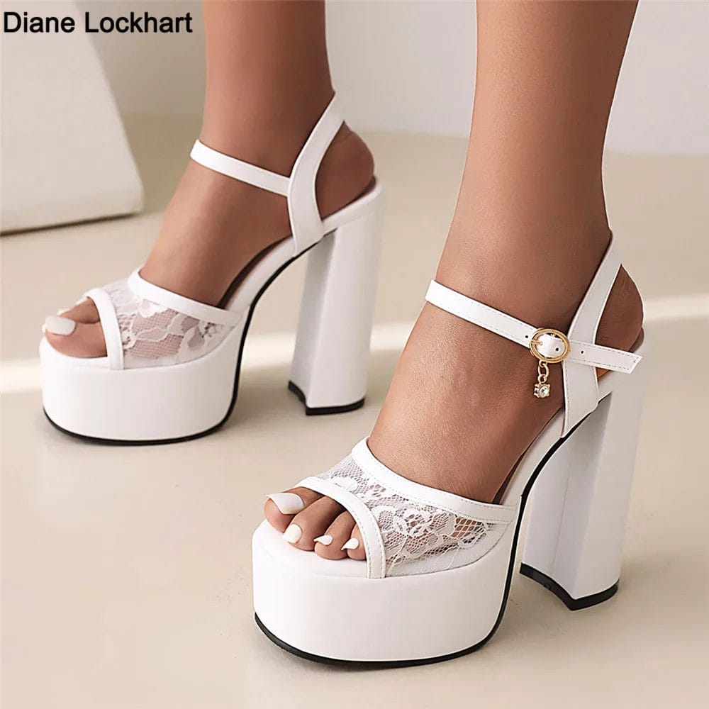 Lace Wedding Shoes Woman Peep Toe High Heels Ladies Rome Ankle Strap Platform Bottom Summer Party Pumps Sandals Tacones Mujer 1