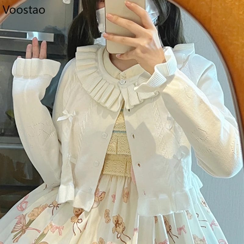 Kawaii Lolita Style Knitted Cardigan Women Harajuku Bow Ruffles O-Neck Long Sleeves Short Sweater Coat Casual Y2k Knitwear Tops 1
