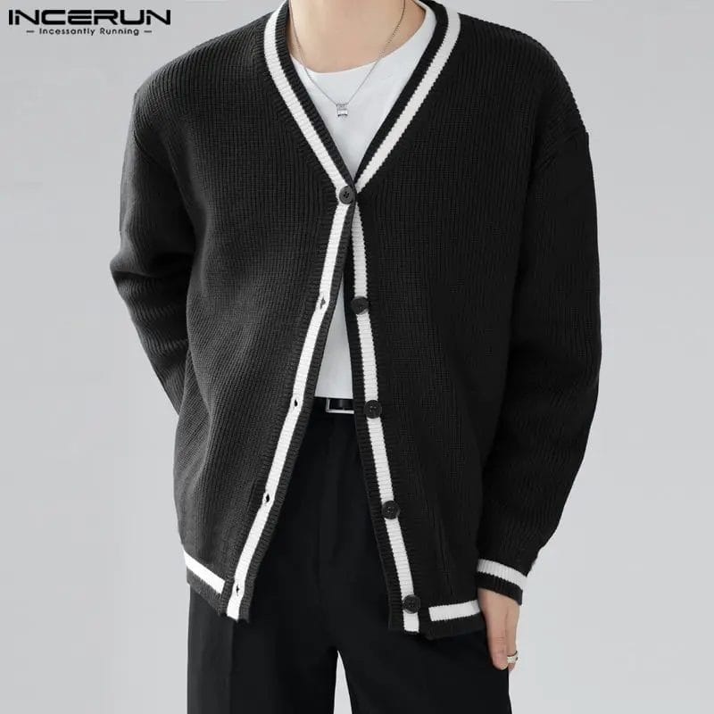 2023 Men Sweaters Patchwork V Neck Long Sleeve Knitted Cozy Cardigan Men Streetwear Button Fashion Casual Kimono S-5XL INCERUN 1