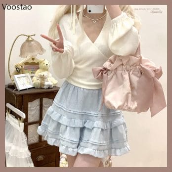 Harajuku Sweet Lolita Style Mini Skirt Summer Girly Sweet Rose Print Ruffles Princess Tiered Skirts Japanese Women Cute Skirt 5
