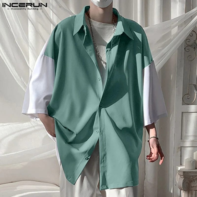 Men Shirt Patchwork Lapel Half Sleeve Streetwear Men Clothing 2023 Oversize Korean Style Fashion Casual Shirts S-5XL INCERUN 1