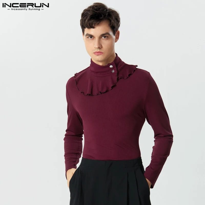 Men T Shirt Turtleneck Long Sleeve Ruffle Autumn Casual Men Clothing Solid Color Streetwear 2023 Fitness Camisetas S-5XL INCERUN 1