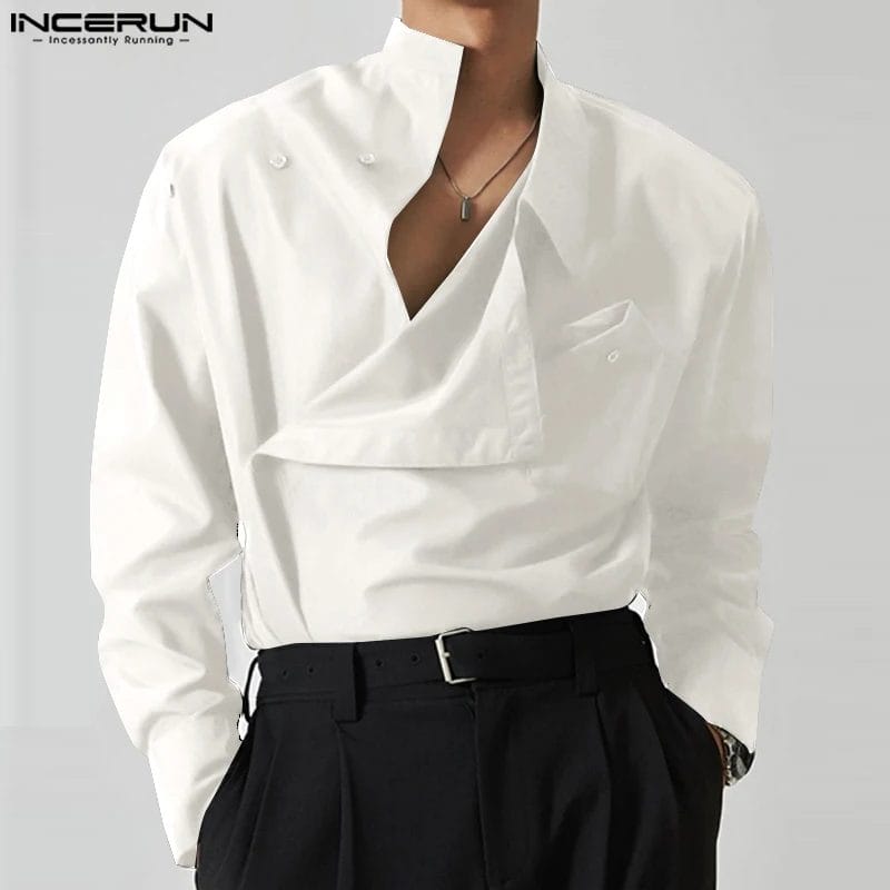 INCERUN 2023 Men's Irregular Shirt Solid Color Stand Collar Long Sleeve Casual Men Clothing Streetwear Fashion Male Shirts S-5XL 1
