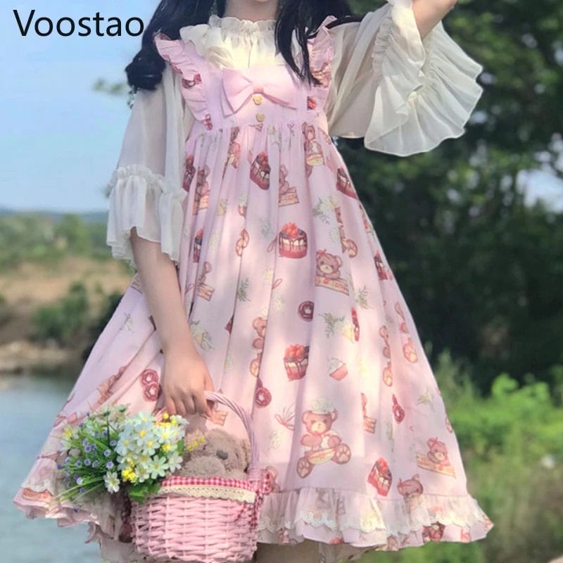 Japanese Sweet Jsk Lolita Dress Women Vintage Victorian Gothic Cartoon Bear Print Sleeveless Dresses Girly Cute Bow Party Dress 1