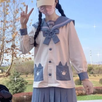 Japanese Kawaii School Girl JK Uniform Sets Sweet Sailor Collar Cartoon Embroidery Bow Tops Pleated Mini Skirts Women Full Set 3