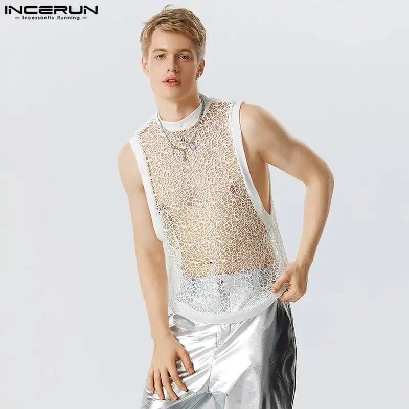 Men Tank Tops Mesh Patchwork See Through Streetwear O-neck Sexy Sleeveless Vests 2023 Party Fashion Men Clothing S-5XL INCERUN 1