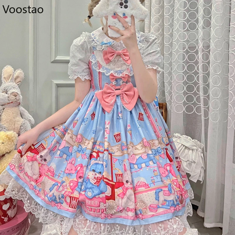 Japanese Sweet Lolita Jsk Dress Lace Bow Bear Bunny Amusement Park Print Girly Kawaii Party Dresses Sleeveless Harajuku Vestidos 1