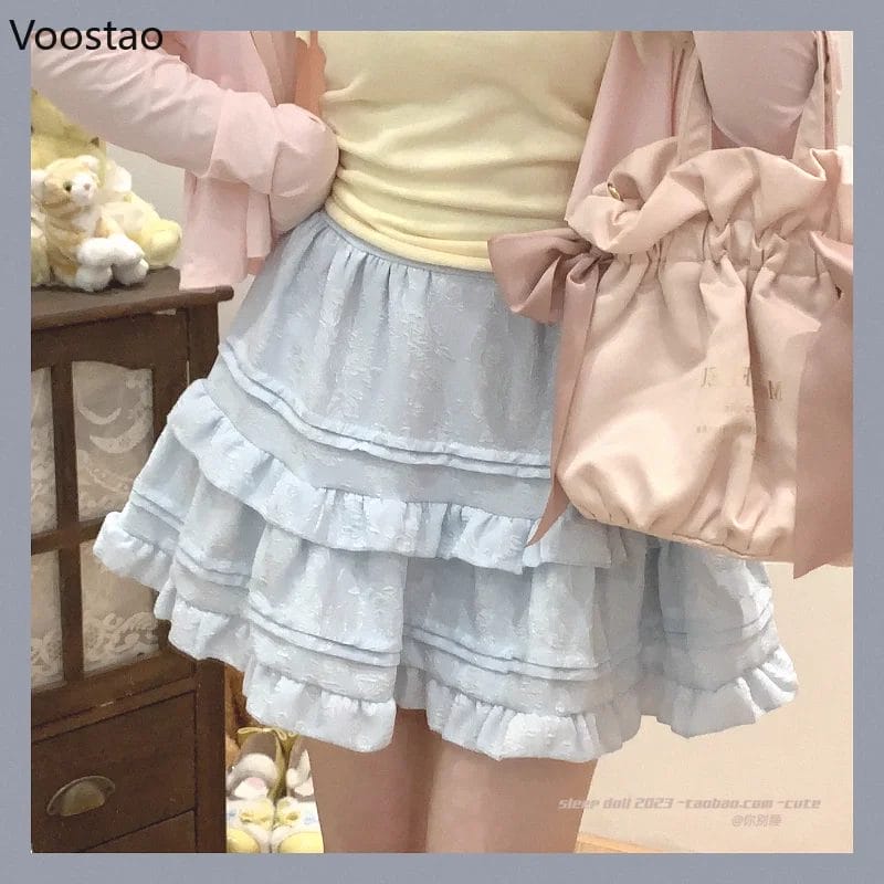 Harajuku Sweet Lolita Style Mini Skirt Summer Girly Sweet Rose Print Ruffles Princess Tiered Skirts Japanese Women Cute Skirt 1