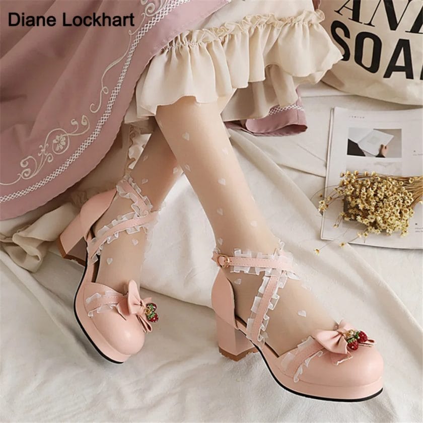 Summer Ladies Lolita High Heels Platform Cute Bow Cross Ankle Strap Lace Princess Mary Jane Shoes Party Heel Buckle Women Pumps 1