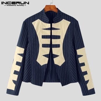 INCERUN Men Jackets Striped Patchwork Stand Collar Long Sleeve Open Stitch Fashion Coats Streetwear 2023 Elegant Outerwear S-5XL 5