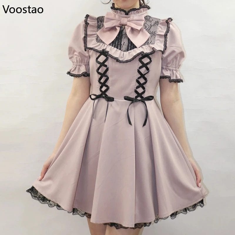 Japanese Gothic Lolita Ribbon Bow Dress Women Sweet Lace Ruffles Bandage Y2k Party Dresses Harajuku Cute Puff Sleeve Mini Dress 1