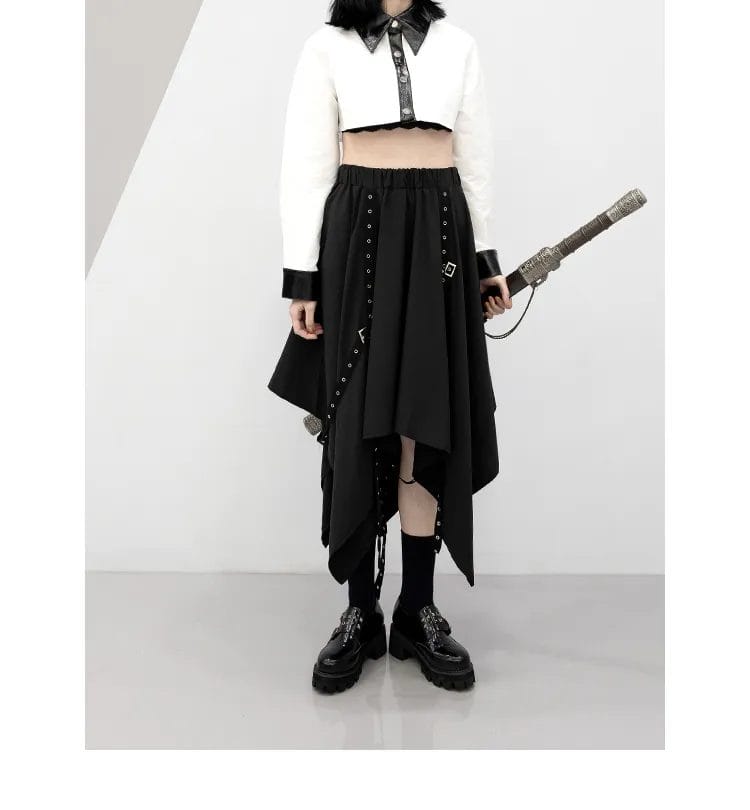 Irregular Skirt Girl's New Dark Tie Street Punk Wind Weave Buckle Medium-length Y2k Gothic Long Skirt 1