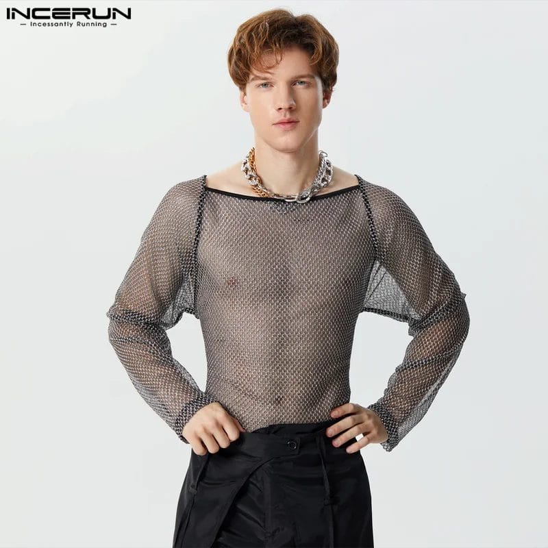 Men's T Shirt Mesh Transparent Shiny Long Sleeve Solid Streetwear Sexy Camisetas Hollow Out 2024 Fashion Men Clothing INCERUN 1