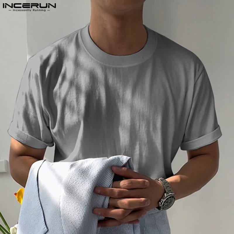 INCERUN Men T Shirt Solid Color O-neck Short Sleeve Streetwear Summer Casual Tee Tops 2023 Loose Korean Style Men Clothing S-5XL 1