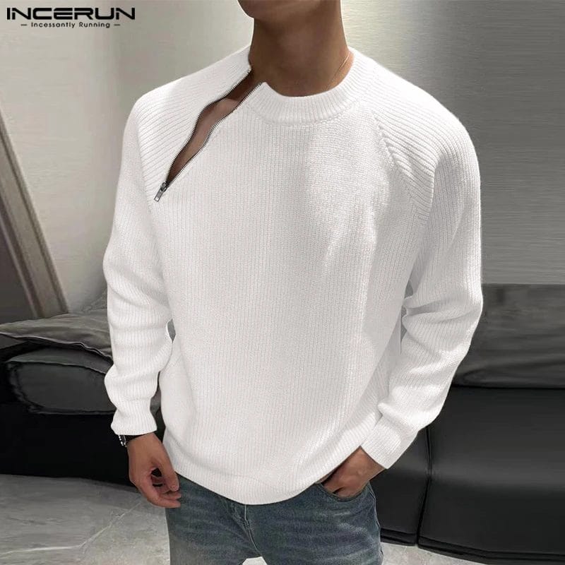 Men T Shirt Solid Color O-neck Long Sleeve Zipper Fashion Men Clothing Streetwear Knitted 2023 Casual Camisetas S-5XL INCERUN 1