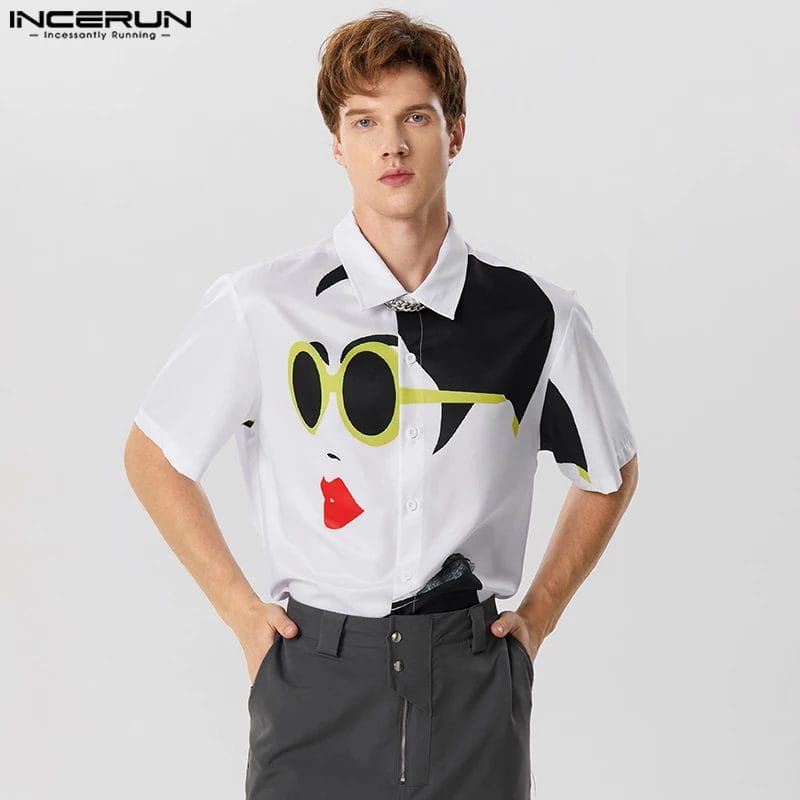 Men Shirt Printing Lapel Short Sleeve Loose Streetwear Casual Camisas Summer 2023 Fashion Leisure Men Clothing S-5XL INCERUN 1