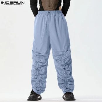 2024 Men Cargo Pants Solid Color Drawstring Pleated Casual Trousers Men Streetwear Joggers Loose Fashion Pantalon S-5XL INCERUN 1