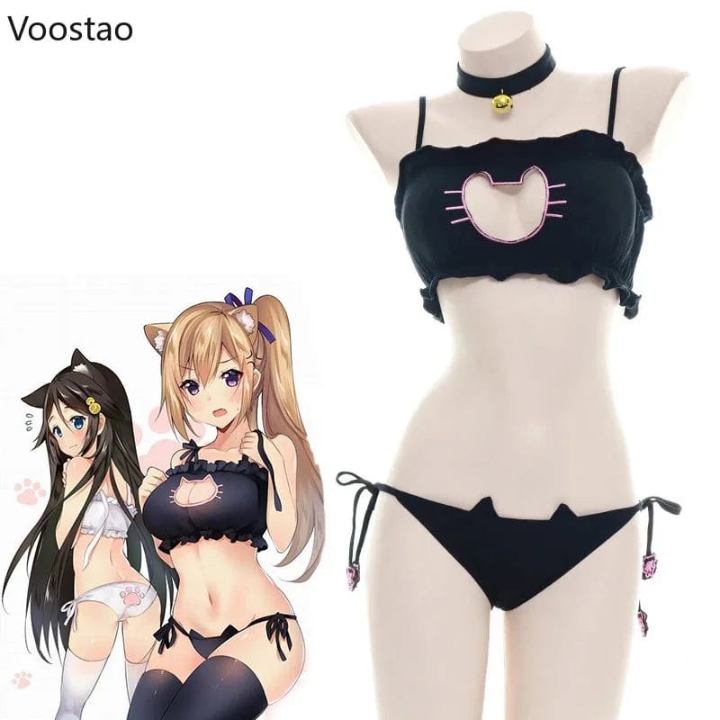 Anime Girl Cute Cat Paw Bell Underwear Temperament Sexy Lingerie Uniform Women Cosplay Cats Hollow Bra Pajamas Outfit Costumes 1