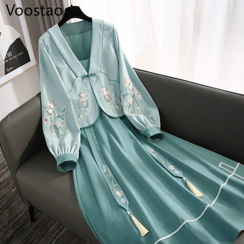 Chinese Style Vestidos M-4XL Women Spring Autumn Chic Floral Embroidery Coat Strap Dress Two Piece Suit Female Vintage Cheongsam 1