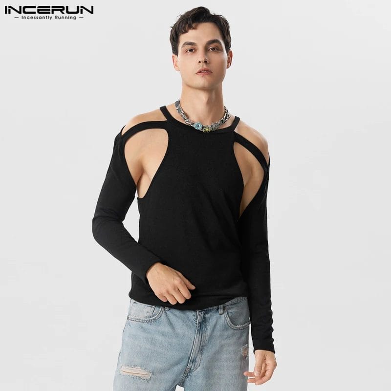 Fashion Men T Shirts Solid Color O-neck Long Sleeve Hollow Out Streetwear Men Clothing Fitness 2023 Sexy Camisetas S-5XL INCERUN 1