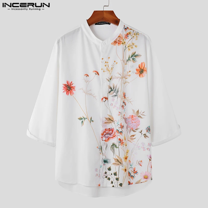 2023 Men Shirt Flower Printing Stand Collar 3/4 Sleeve Streetwear Men Clothing Button Harajuku Casual Male Shirts S-5XL INCERUN 1