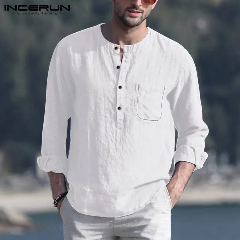 INCERUN Men's Casual Shirt Solid Color Streetwear O-neck Button Long Sleeve Cotton Camisas 2024 Streetwear Fashion Men Clothing 1