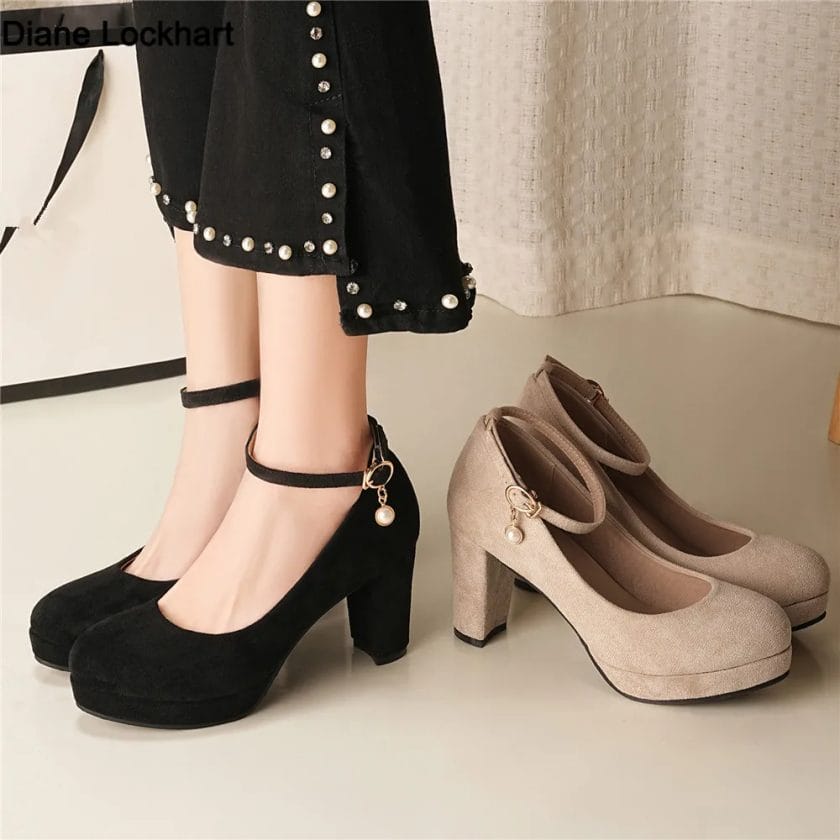 Women Shoes on Heels Flock Platform Pumps Spring Summer Shallow Ankle Strap Buckle Shoes Round Toe Shoes for Women High Heels 1