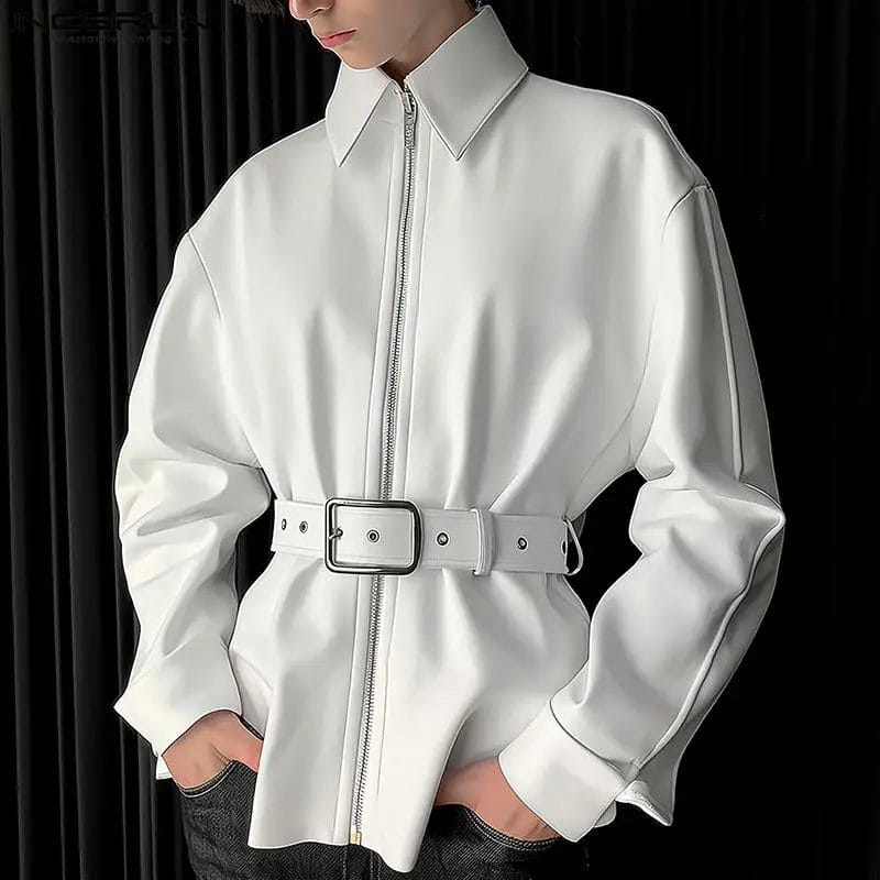 2024 Men Jackets Solid Color Lapel Long Sleeve Zipper Streetwear Coats Men With Belt Korean Fashion Casual Jackets S-5XL INCERUN 1