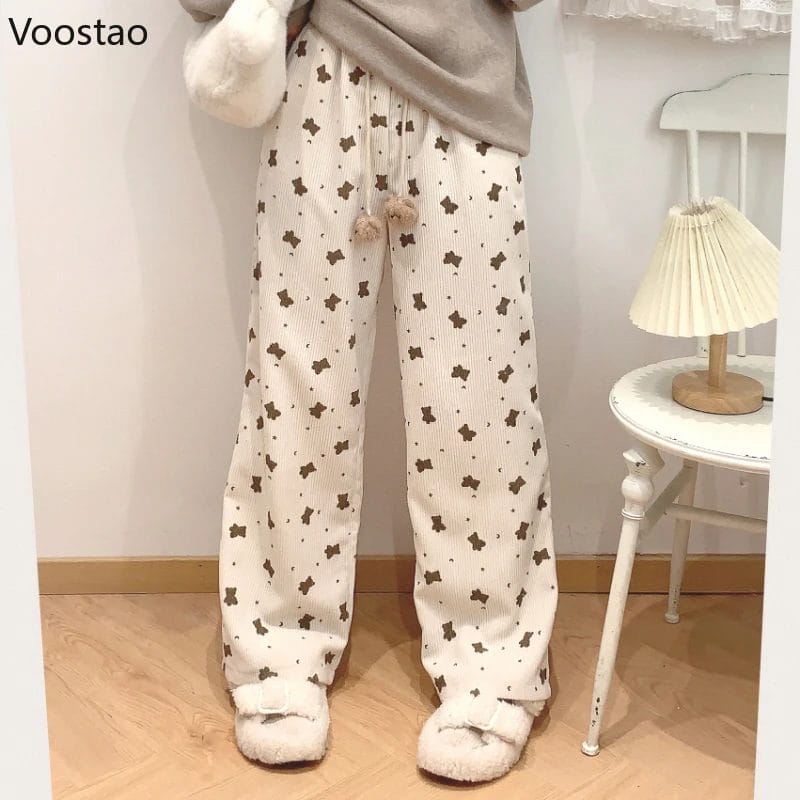 Japanese Sweet Cartoon Bear Print Corduroy Wide Leg Casual Pants Women Vintage Y2k Cute Loose Trouser Korean Harajuku Sweatpants 1
