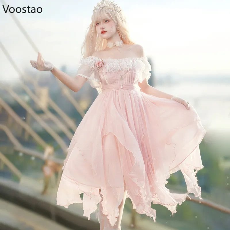 Japanese Kawaii Lolita Princess OP Dress Women Elegant Sweet Rose Lace Pearl Chain Pink Party Dresses Victorian Girl Fairy Dress 1