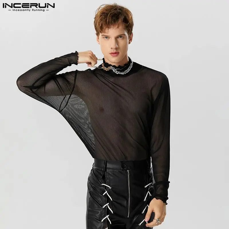 INCERUN 2023 Men T Shirt Mesh Transparent Turtleneck Long Sleeve Camisetas Solid Sexy Streetwear Fashion Men Clothing S-5XL 1