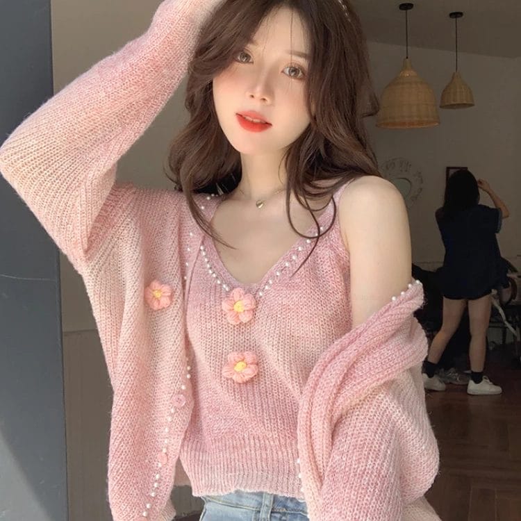 Autumn Sweet Pink Knitted Cardigan 2 Piece Set Women Casual Camisole + Flowers Pearl Sweater Coat Female Elegant Loose Clothing 1