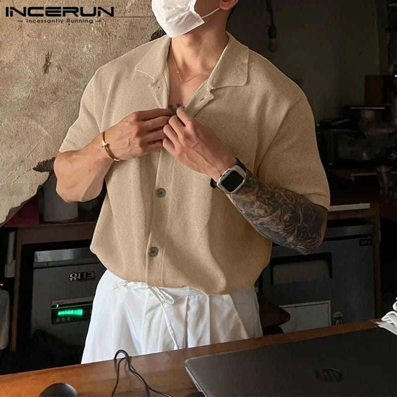 INCERUN Men Shirt Solid Color 2023 Lapel Short Sleeve Korean Style Men Clothing Streetwear Summer Knitted Casual Shirts S-5XL 1