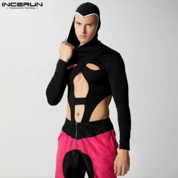2023 Men Bodysuits Patchwork Hooded Hollow Out Streetwear Sexy Male Rompers Fitness Long Sleeve Fashion Bodysuit S-3XL INCERUN 3