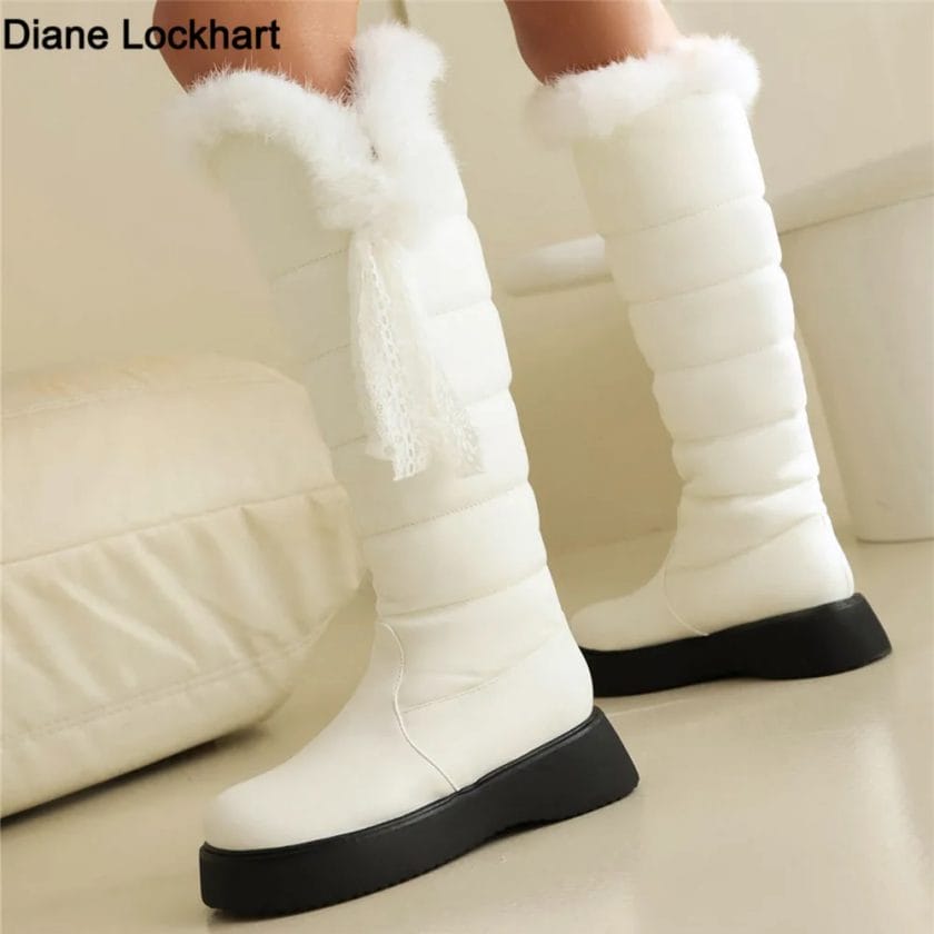 Winter Warm White Fur Snow Boots Women Shoes 2024 Low Heels Knee High Boots Female Platform Plush Long Boats Mujer Black 35-44 1